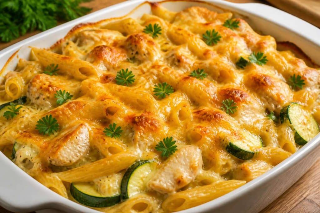 Gratin de pâtes au poulet, cheddar et courgettes : recette savoureuse