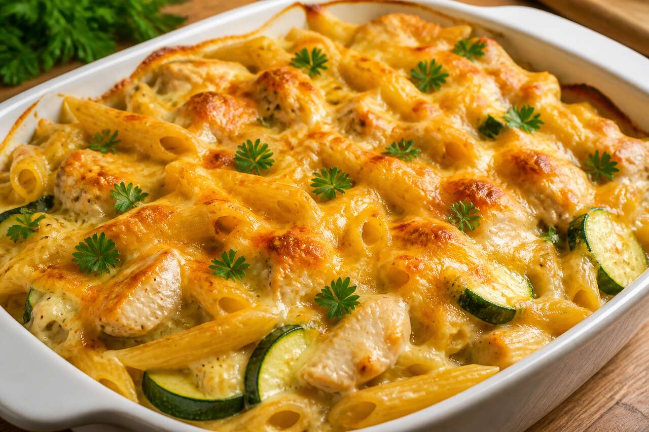 Gratin de pâtes au poulet, cheddar et courgettes : recette savoureuse