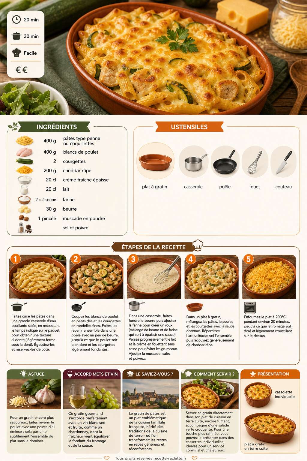 Fiche recette Gratin de pâtes au poulet, cheddar et courgettes : recette savoureuse Fiche recette Gratin de pâtes au poulet, cheddar et courgettes : recette savoureuse