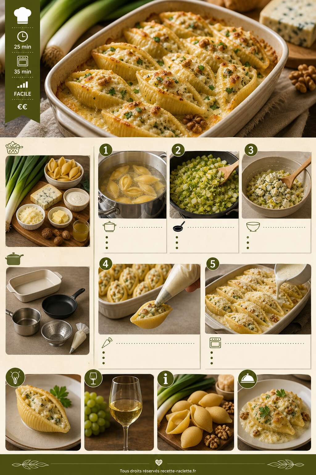 Fiche recette Conchiglioni aux poireaux et fromage aux noix : recette savoureuse Fiche recette Conchiglioni aux poireaux et fromage aux noix : recette savoureuse