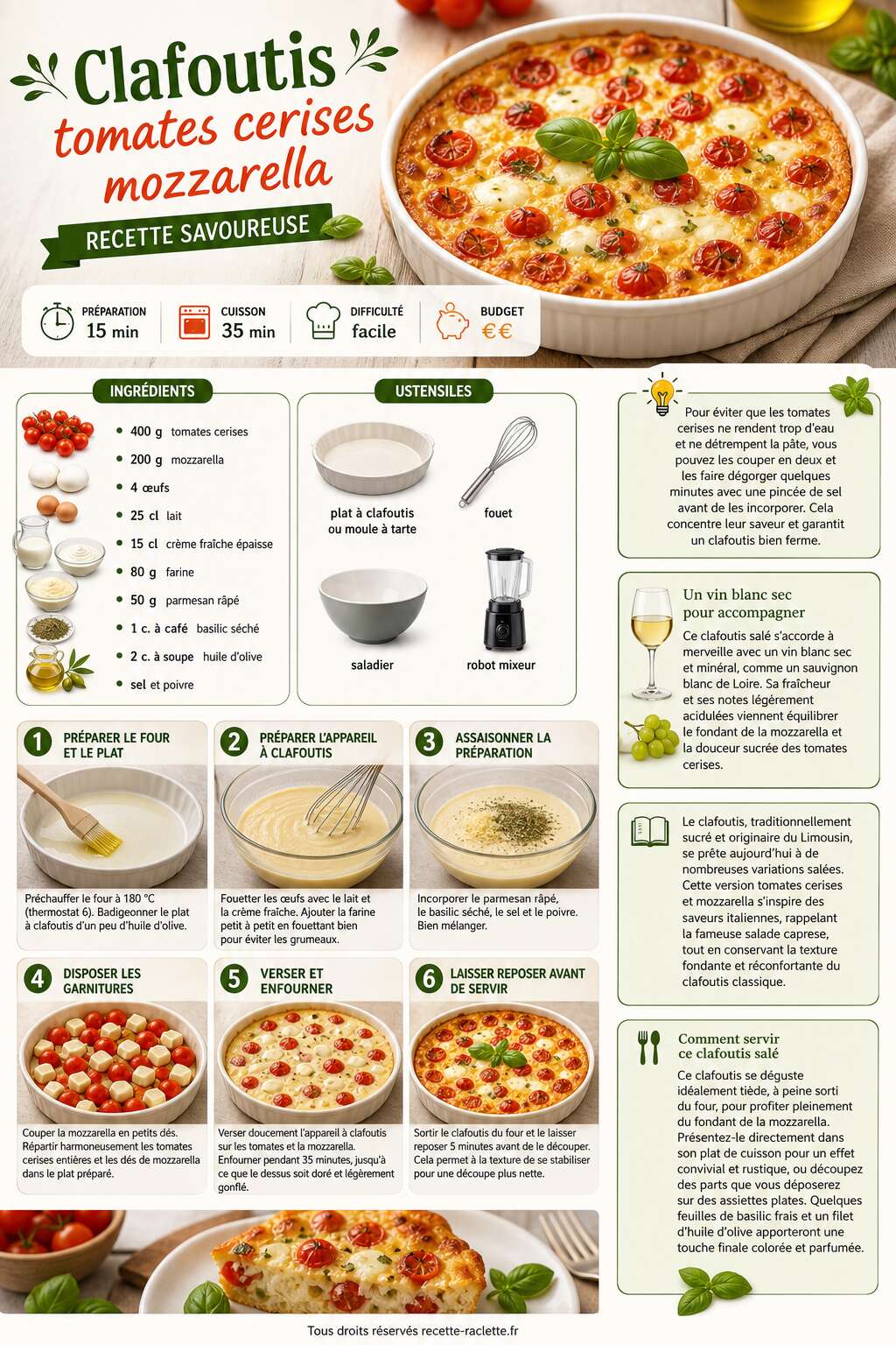 Fiche recette Clafoutis tomates cerises mozzarella : recette savoureuse