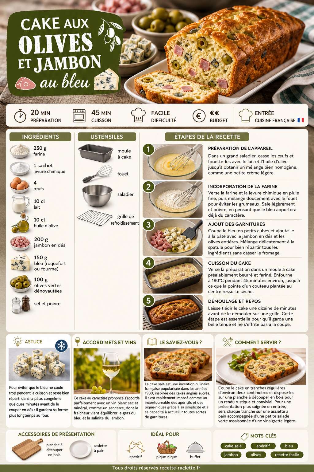 Fiche recette Cake aux olives et jambon au bleu : recette savoureuse Fiche recette Cake aux olives et jambon au bleu : recette savoureuse
