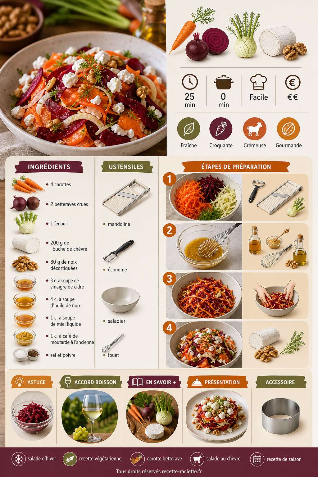 Fiche recette Salade de carotte, betterave, fenouil et chèvre : une recette savoureuse Fiche recette Salade de carotte, betterave, fenouil et chèvre : une recette savoureuse