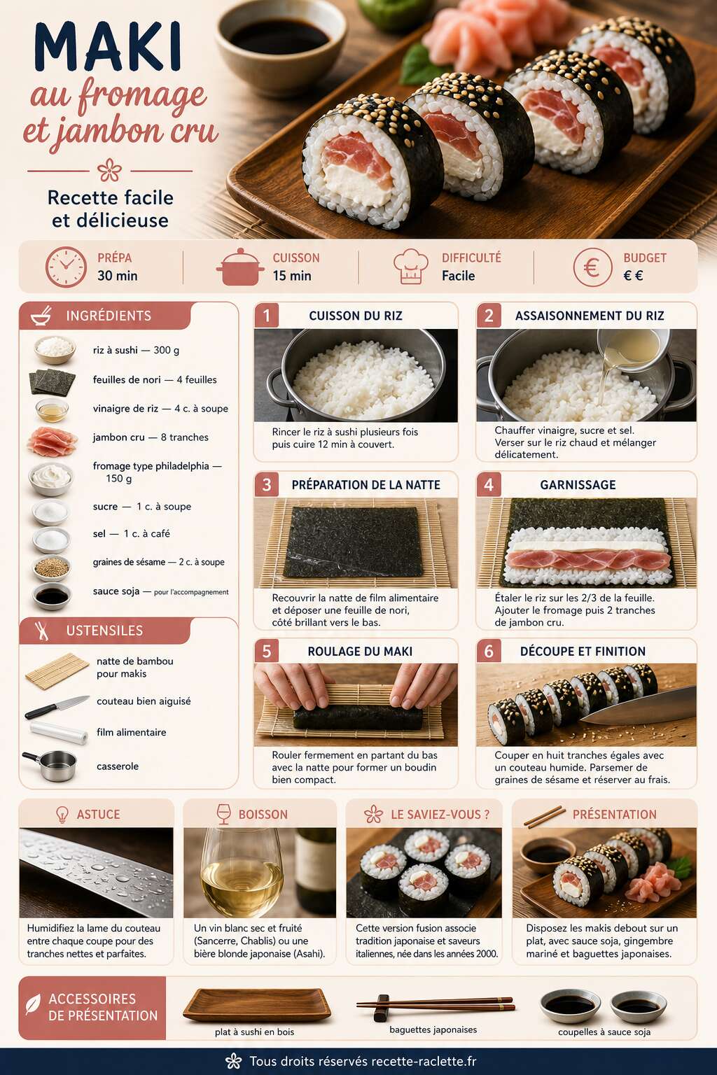 Fiche recette Maki au fromage et jambon cru : recette facile et délicieuse Fiche recette Maki au fromage et jambon cru : recette facile et délicieuse