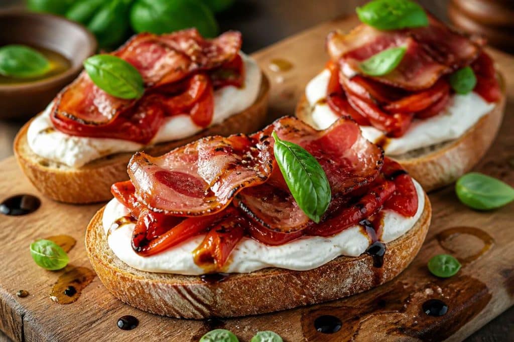 Bruschetta aux poivrons, pancetta et fromage frais : recette savoureuse