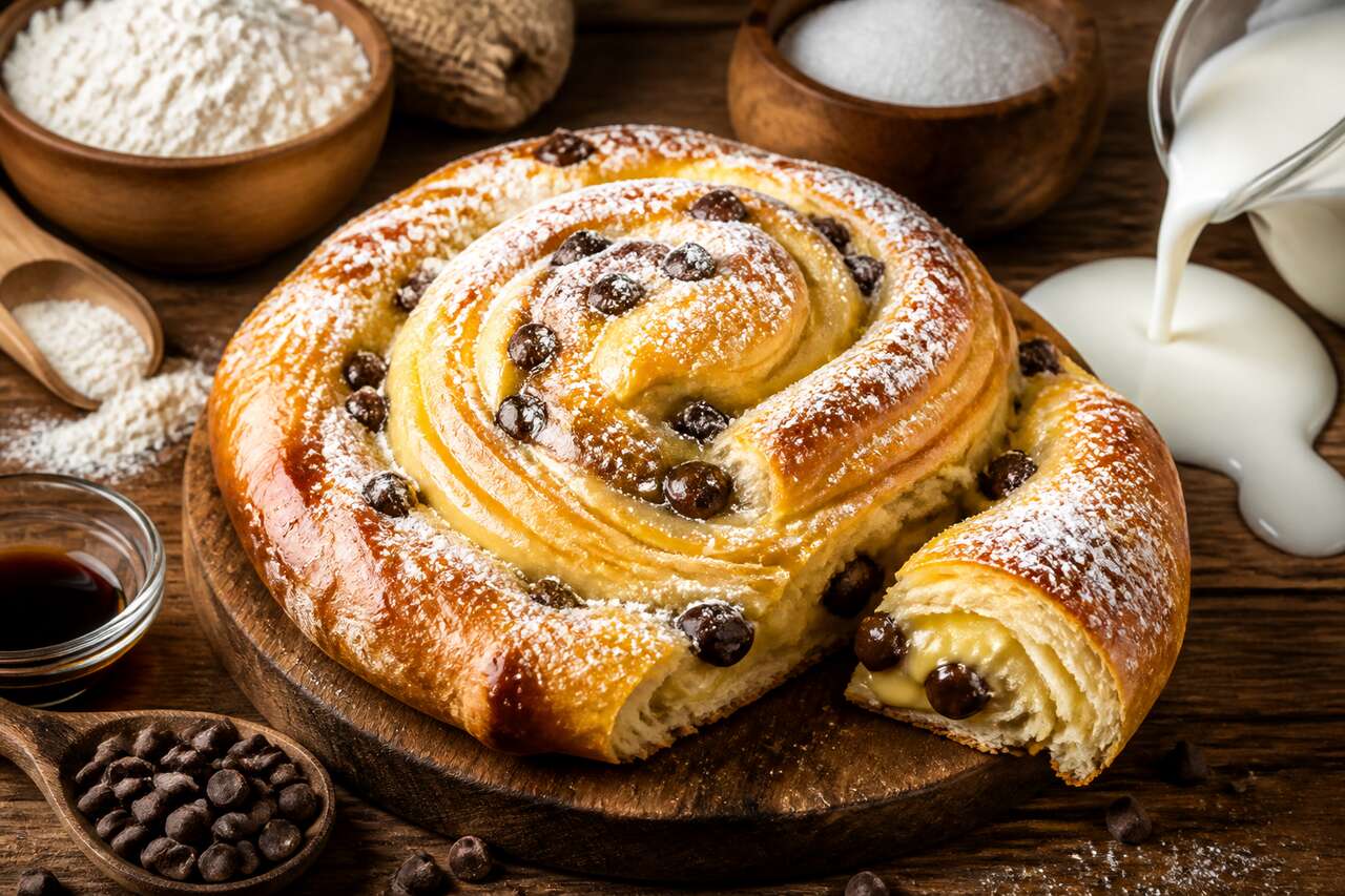 Chinois à la crème pâtissière et pépites de chocolat