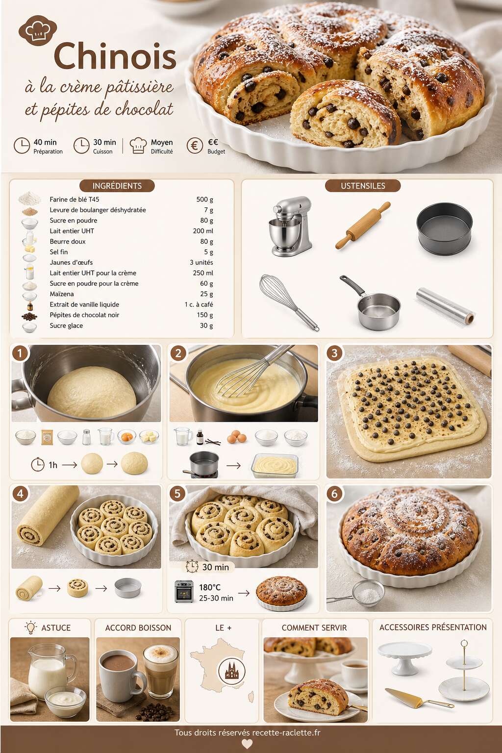 Fiche recette Chinois &agrave; la cr&egrave;me p&acirc;tissi&egrave;re et p&eacute;pites de chocolat