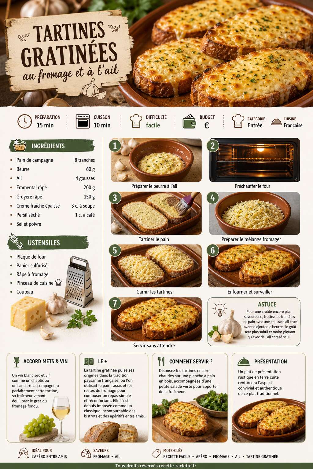 Fiche recette Tartines gratinées au fromage et à l'ail : recette facile Fiche recette Tartines gratinées au fromage et à l'ail : recette facile