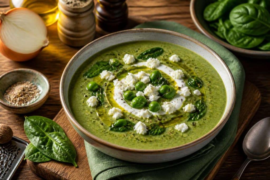 Velouté d'épinards et petits pois au fromage frais : une recette gourmande