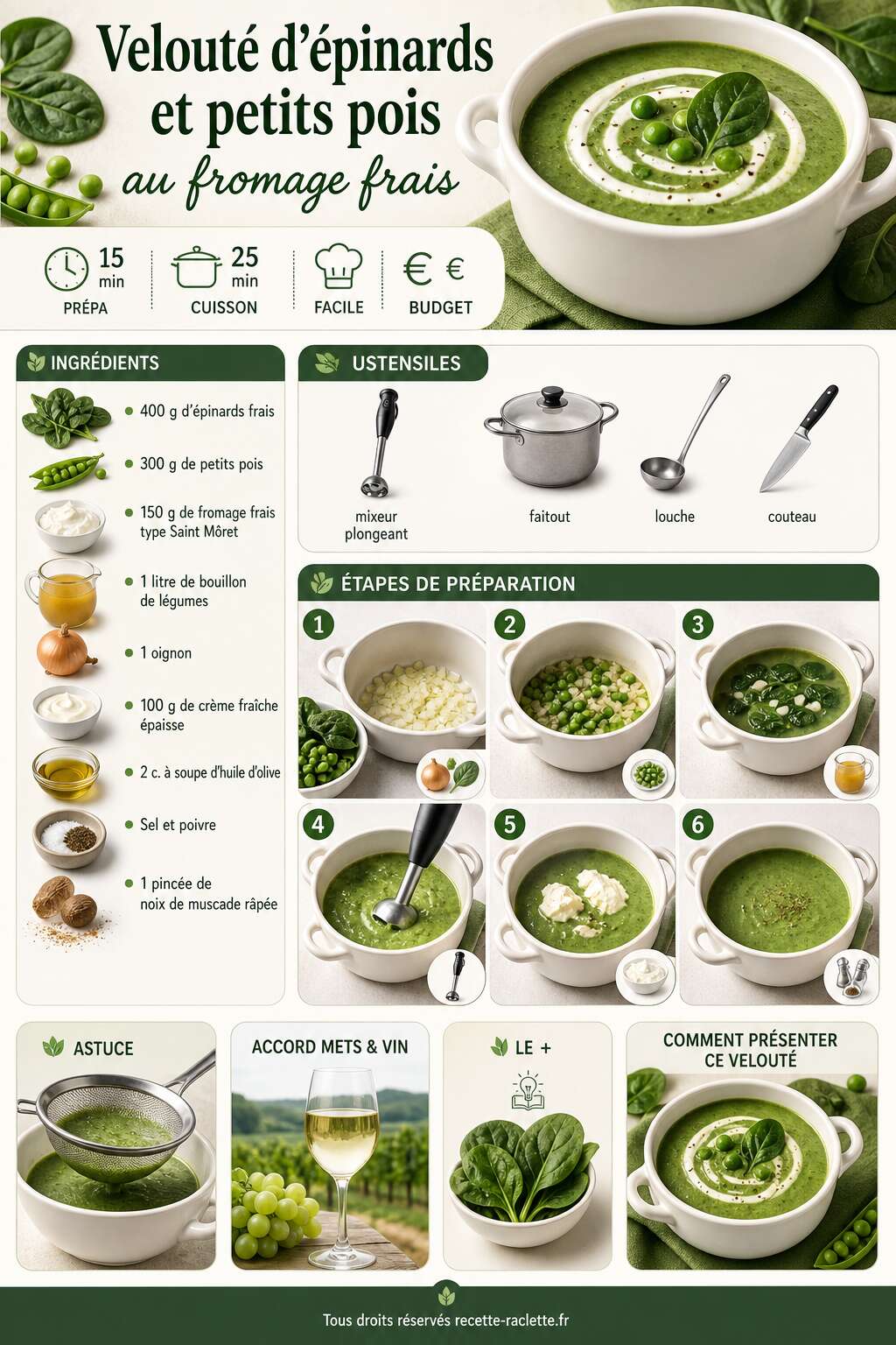 Fiche recette Velouté d'épinards et petits pois au fromage frais : une recette gourmande Fiche recette Velouté d'épinards et petits pois au fromage frais : une recette gourmande