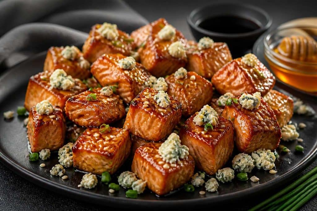 Bouchées de saumon caramélisé au soja et fromage bleu : recette gourmande