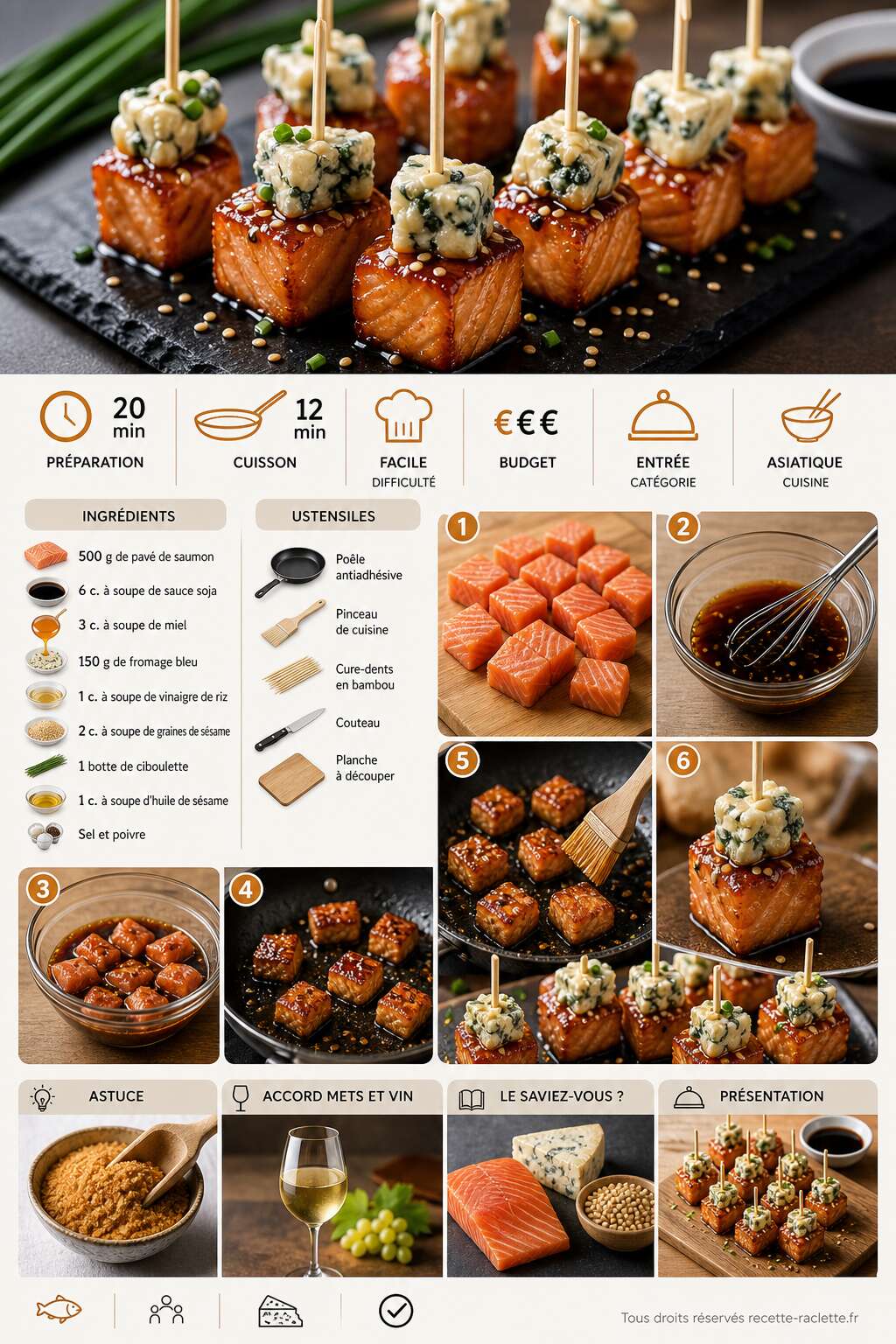 Fiche recette Bouchées de saumon caramélisé au soja et fromage bleu : recette gourmande Fiche recette Bouchées de saumon caramélisé au soja et fromage bleu : recette gourmande