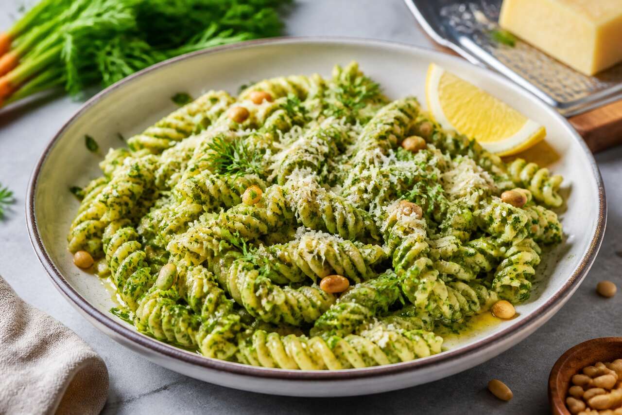 Pâtes au pesto et fanes de carottes : recette savoureuse