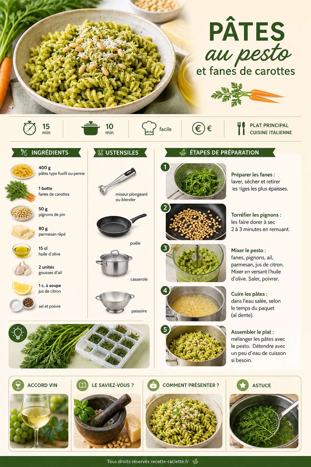 Fiche recette Pâtes au pesto et fanes de carottes : recette savoureuse Fiche recette Pâtes au pesto et fanes de carottes : recette savoureuse