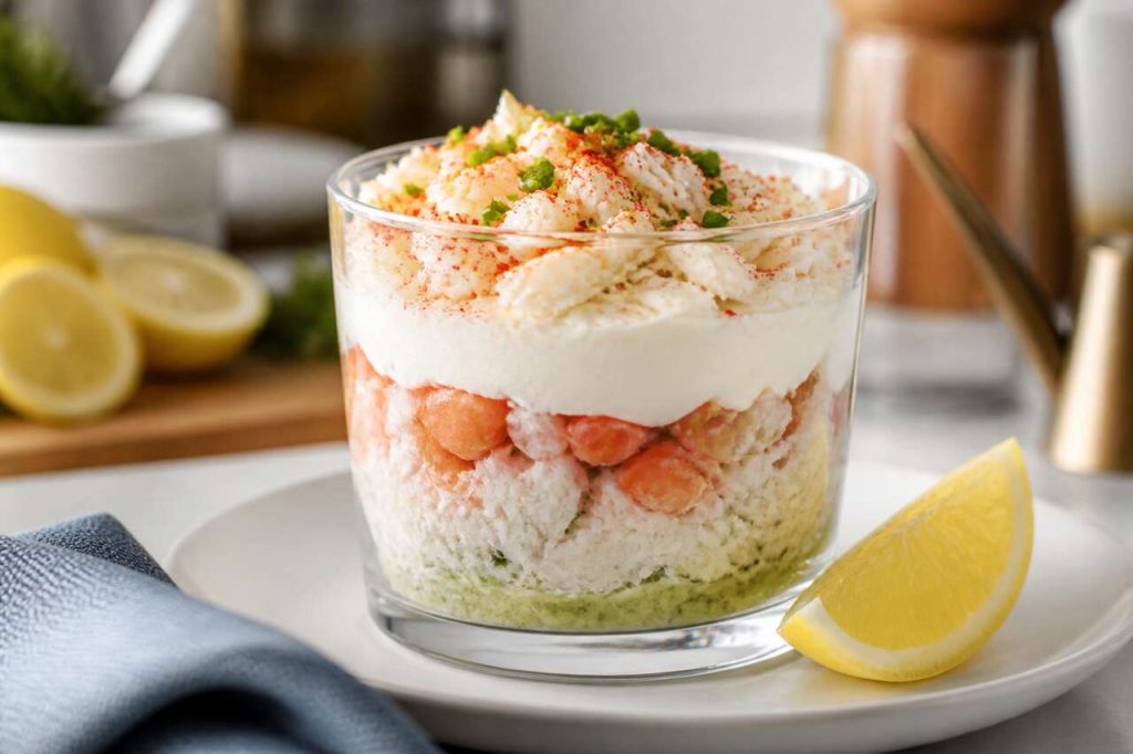 Verrine au crabe : recette facile avec fromage frais et ciboulette