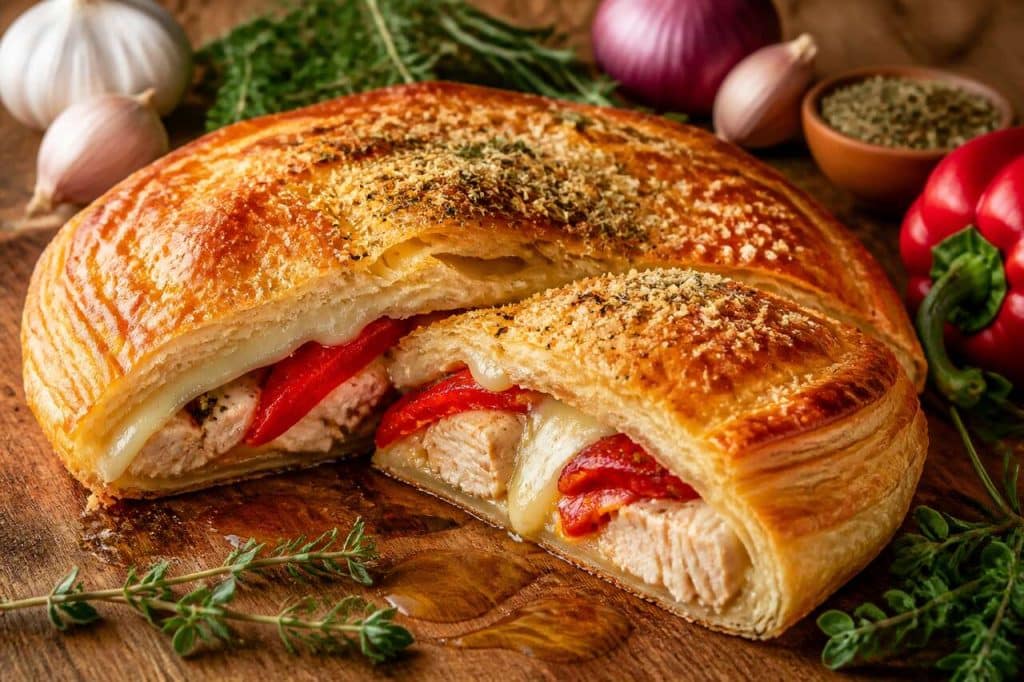 Tourte feuilletée au poulet, poivron rouge et mozzarella