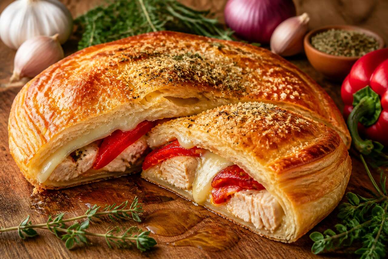 Tourte feuilletée au poulet, poivron rouge et mozzarella