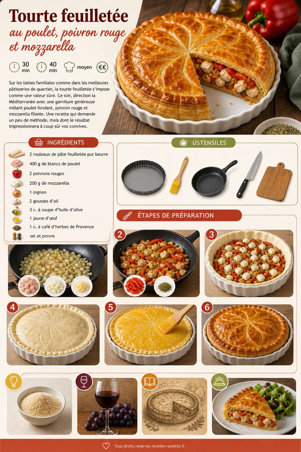 Fiche recette Tourte feuilletée au poulet, poivron rouge et mozzarella Fiche recette Tourte feuilletée au poulet, poivron rouge et mozzarella