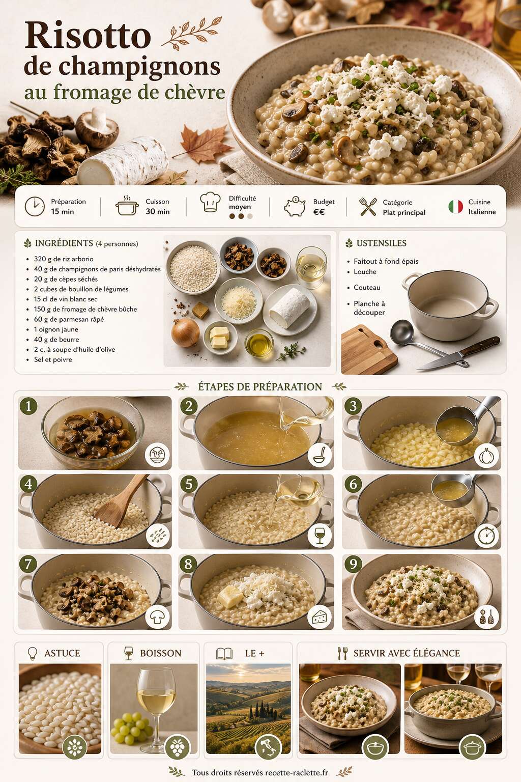 Fiche recette Risotto de champignons au fromage de ch&egrave;vre : recette gourmande