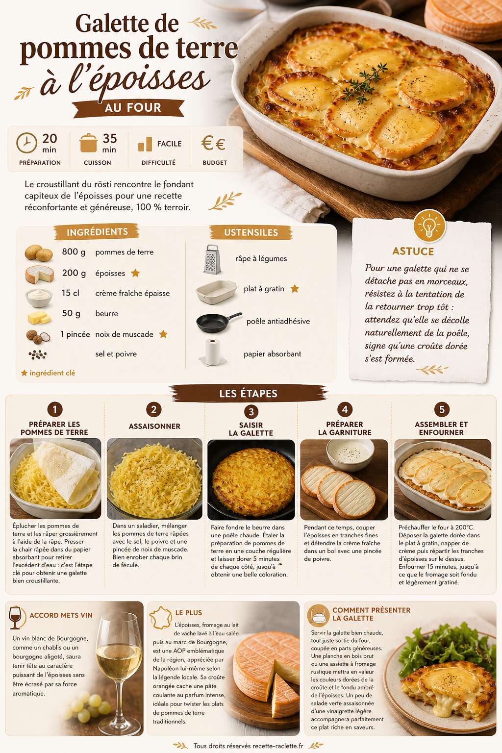 Fiche recette Recette de galette de pommes de terre à l'époisses au four Fiche recette Recette de galette de pommes de terre à l'époisses au four