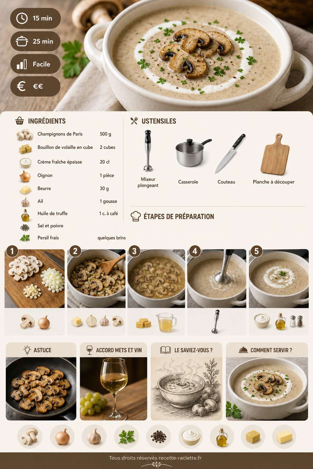 Fiche recette Velouté de champignons crémeux : recette facile et savoureuse Fiche recette Velouté de champignons crémeux : recette facile et savoureuse