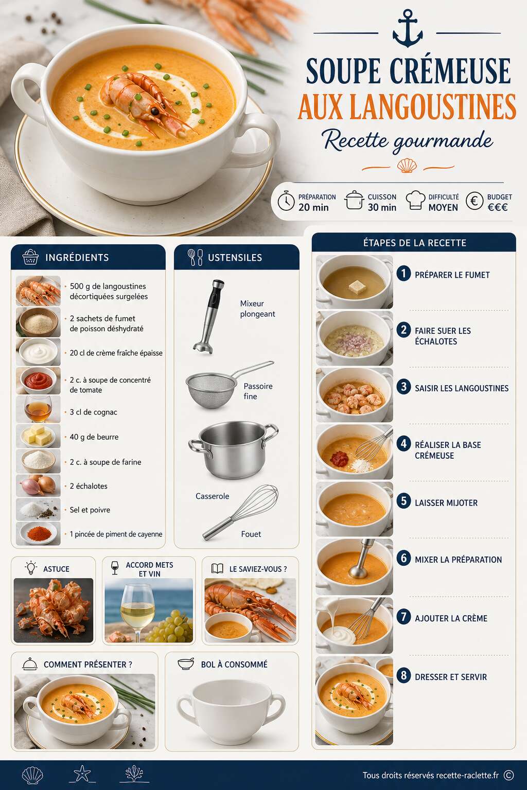 Fiche recette Soupe crémeuse aux langoustines : recette gourmande Fiche recette Soupe crémeuse aux langoustines : recette gourmande