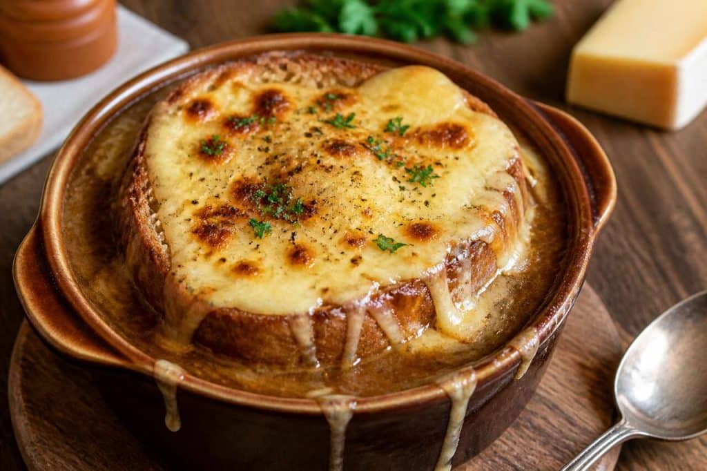 Soupe à l'oignon gratinée au camembert : une recette savoureuse
