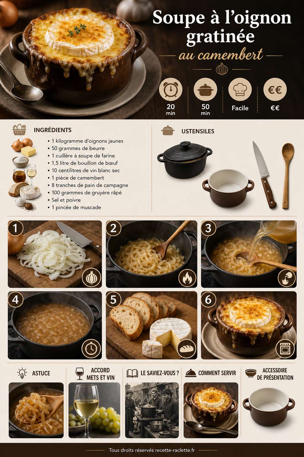 Fiche recette Soupe à l'oignon gratinée au camembert : une recette savoureuse Fiche recette Soupe à l'oignon gratinée au camembert : une recette savoureuse