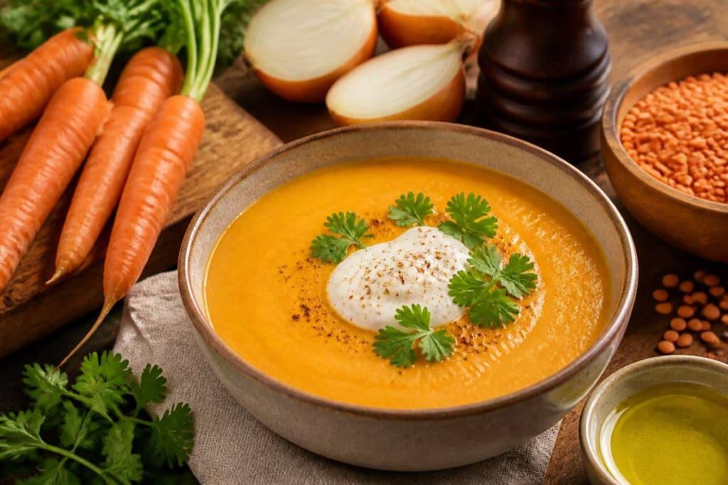 Velouté de carottes et lentilles corail au fromage frais : recette savoureuse