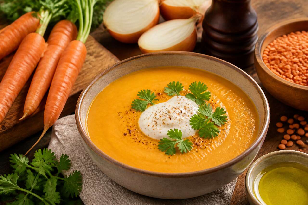 Velouté de carottes et lentilles corail au fromage frais : recette savoureuse