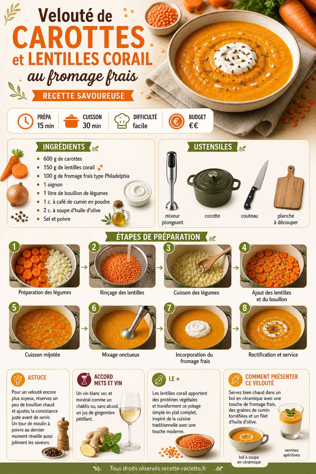 Fiche recette Velout&eacute; de carottes et lentilles corail au fromage frais : recette savoureuse
