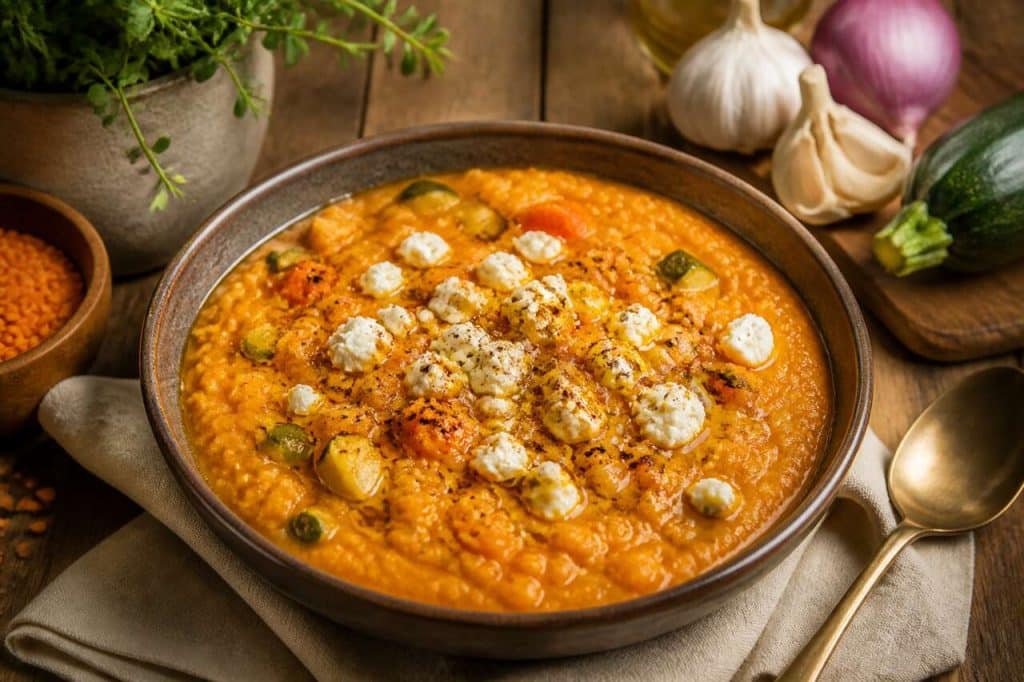 Dahl aux lentilles, légumes et fromage simple et savoureux