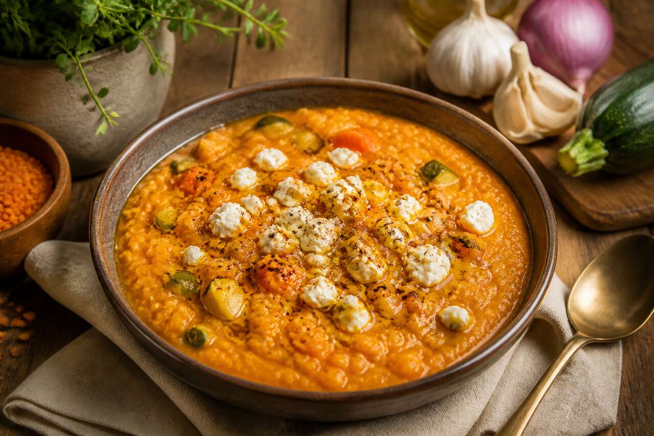 Dahl aux lentilles, légumes et fromage simple et savoureux