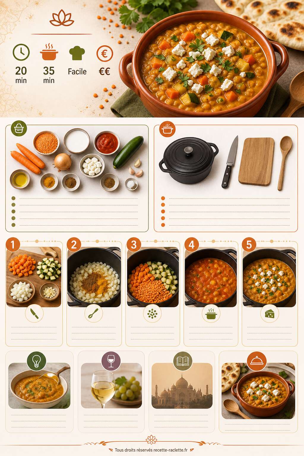 Fiche recette Dahl aux lentilles, légumes et fromage simple et savoureux Fiche recette Dahl aux lentilles, légumes et fromage simple et savoureux