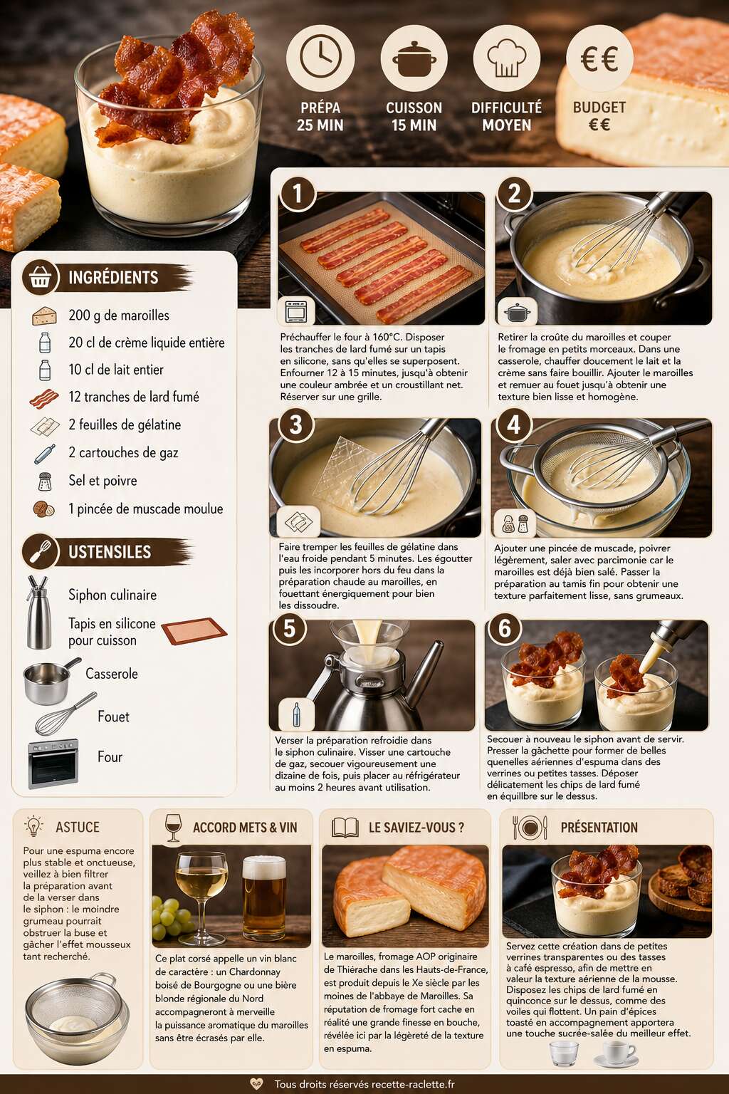 Fiche recette Recette d'espuma de maroilles et chips de lard fumé Fiche recette Recette d'espuma de maroilles et chips de lard fumé