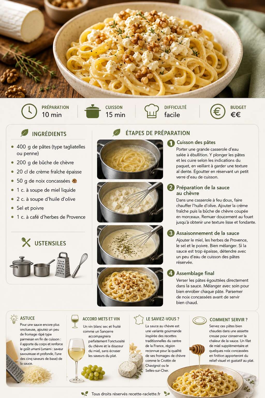 Fiche recette Recette de pâtes à la sauce au chèvre : un délice savoureux Fiche recette Recette de pâtes à la sauce au chèvre : un délice savoureux