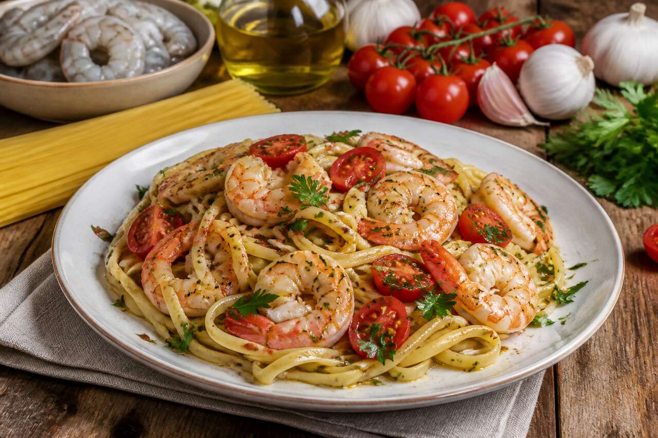 Linguine aux crevettes, ail, persil et tomates cerise