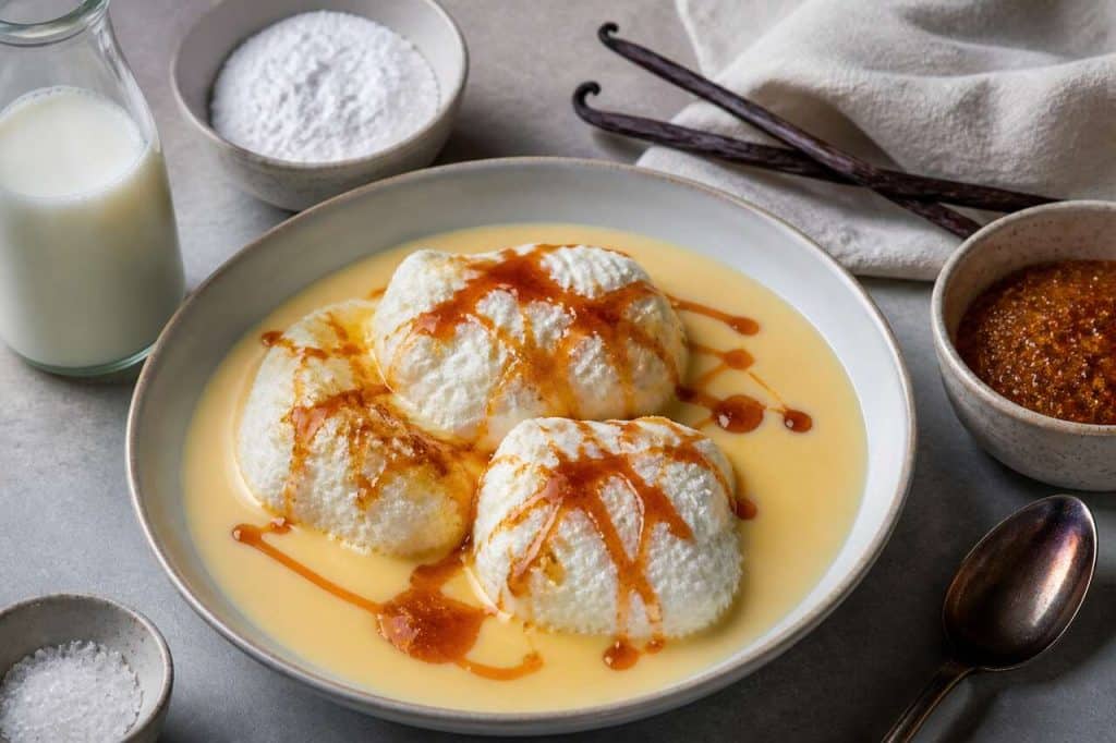Îles flottantes à la crème anglaise, vanille et caramel