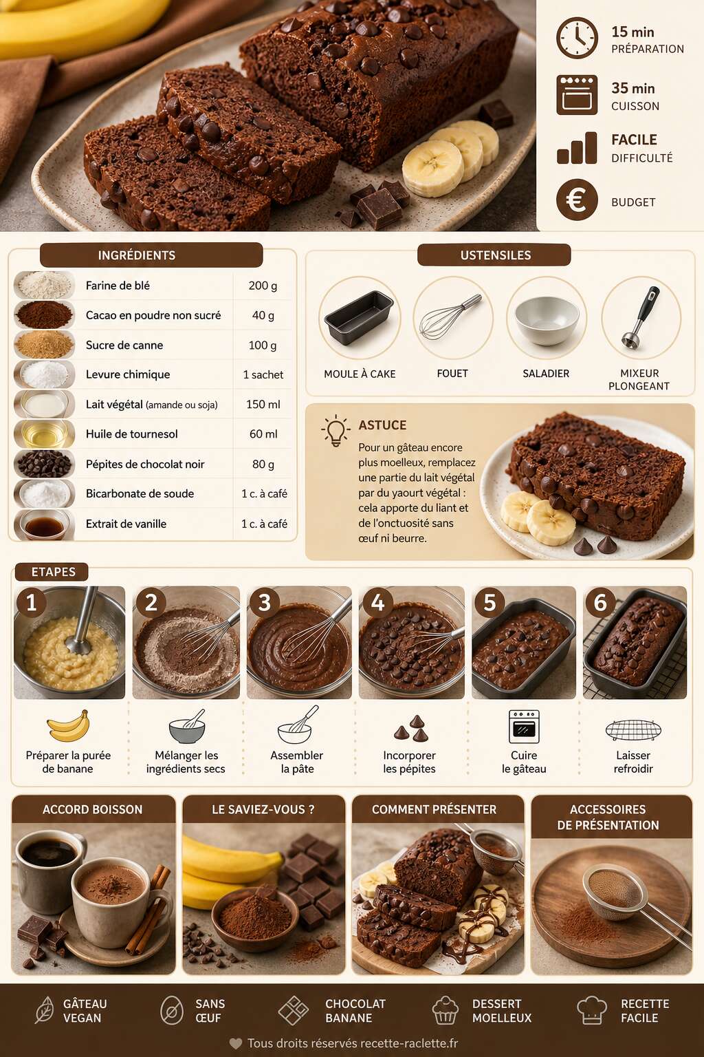 Fiche recette Gâteau chocolat banane moelleux sans œuf ni beurre Fiche recette Gâteau chocolat banane moelleux sans œuf ni beurre