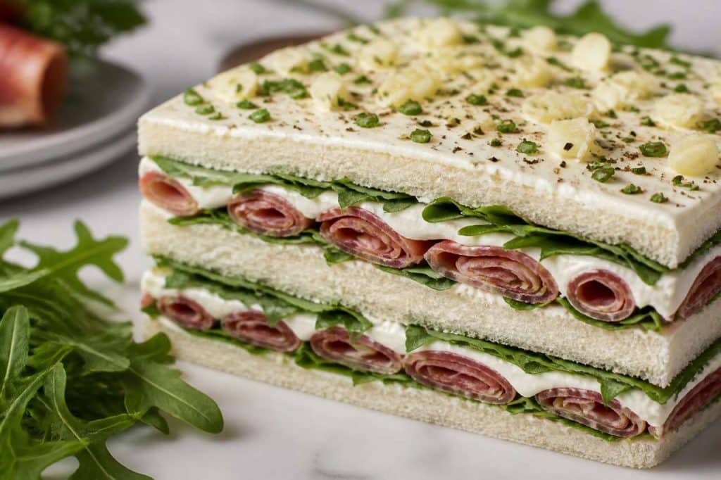 Sandwich cake au chèvre frais, rosette et roquette : recette gourmande