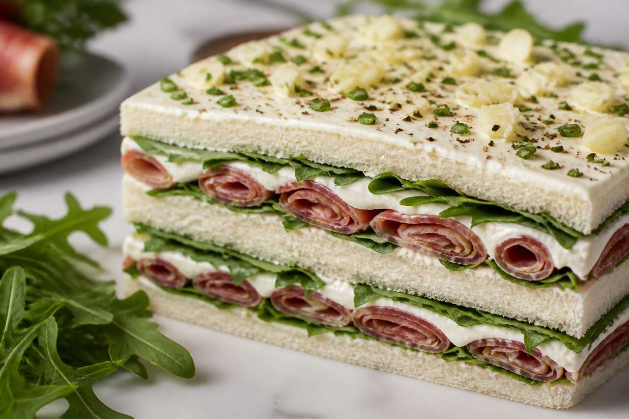 Sandwich cake au chèvre frais, rosette et roquette : recette gourmande