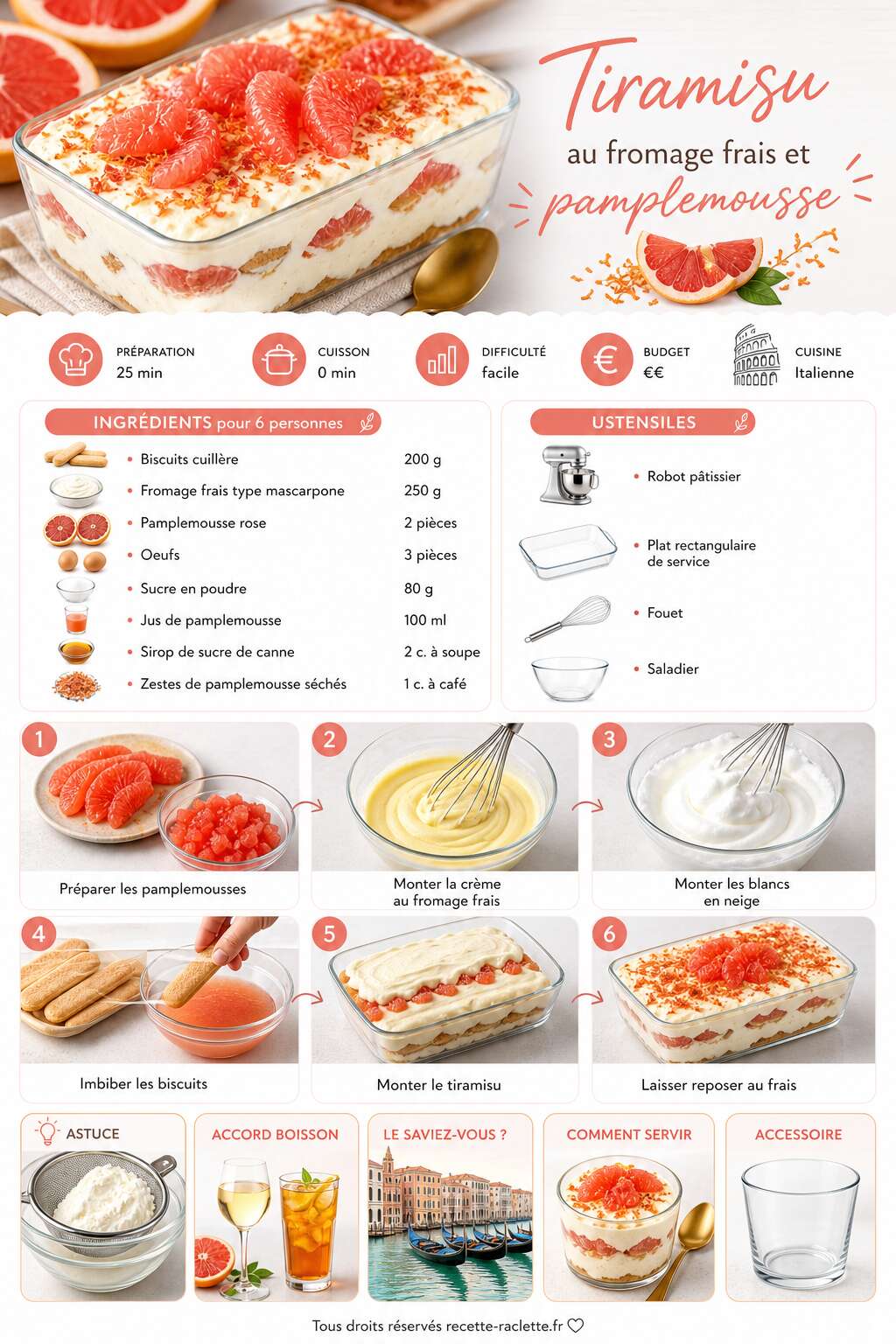 Fiche recette Tiramisu au fromage frais et pamplemousse : recette gourmande Fiche recette Tiramisu au fromage frais et pamplemousse : recette gourmande