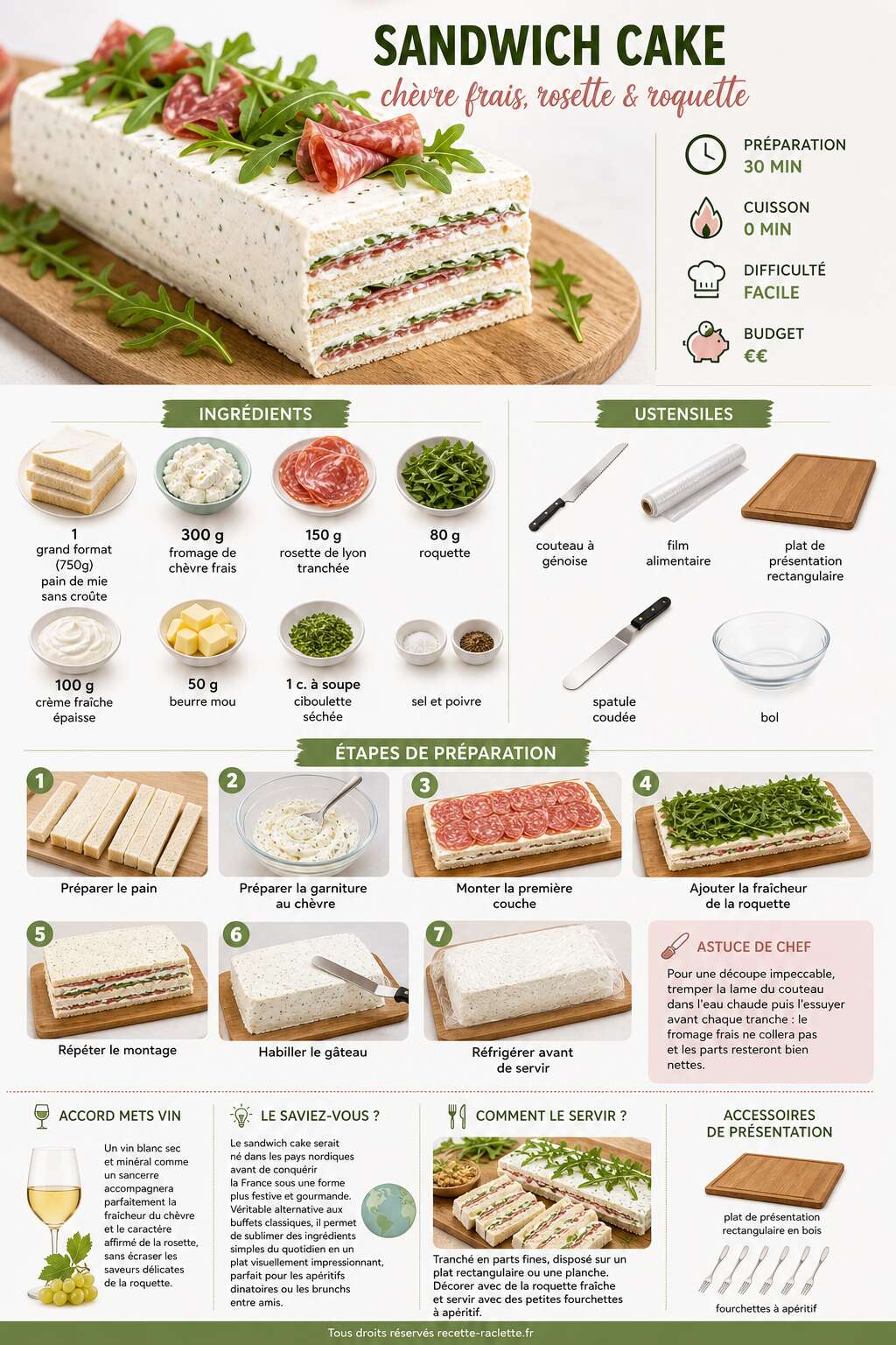 Fiche recette Sandwich cake au ch&egrave;vre frais, rosette et roquette : recette gourmande