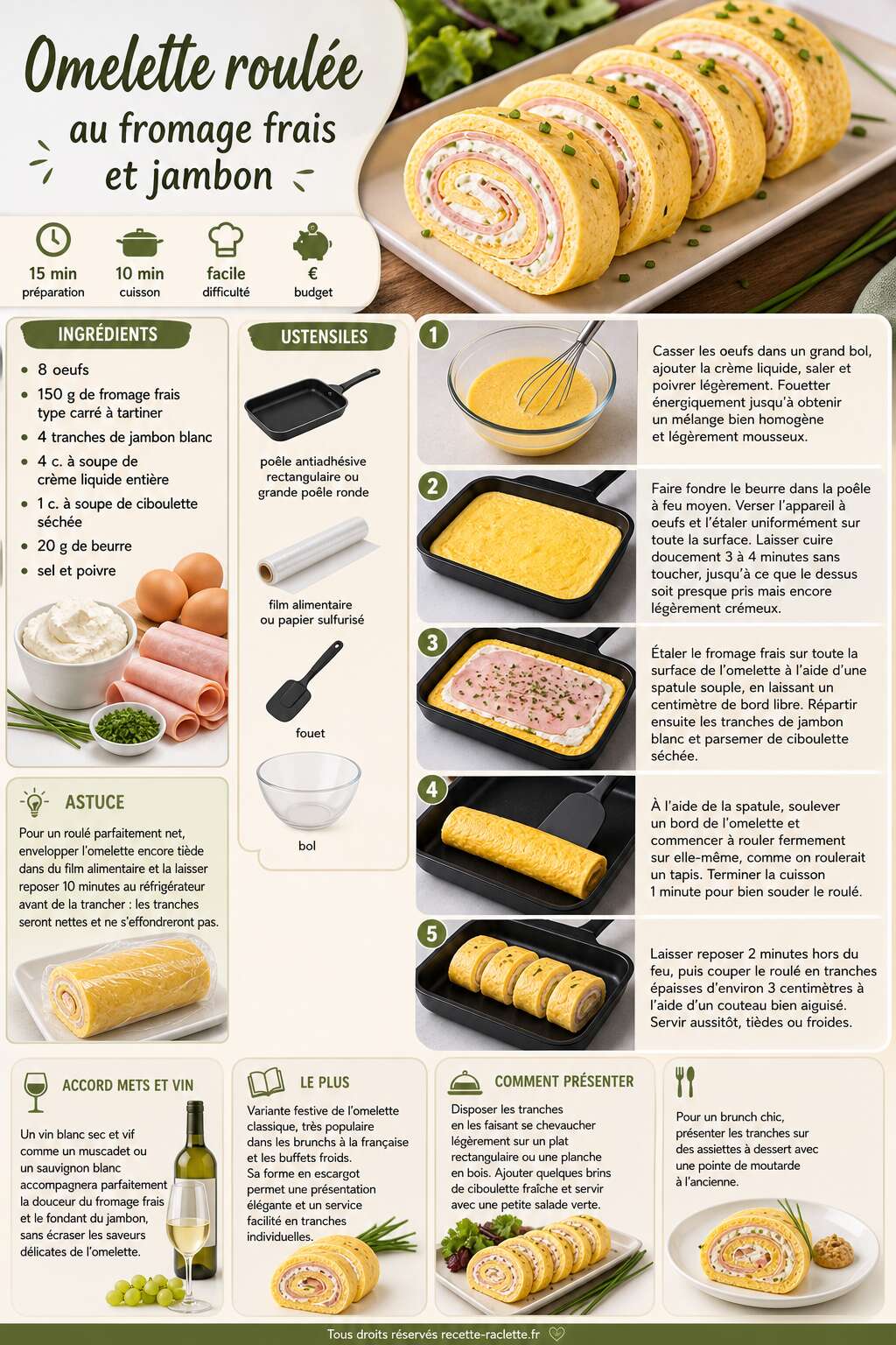 Fiche recette Omelette roulée au fromage frais et jambon : recette gourmande Fiche recette Omelette roulée au fromage frais et jambon : recette gourmande