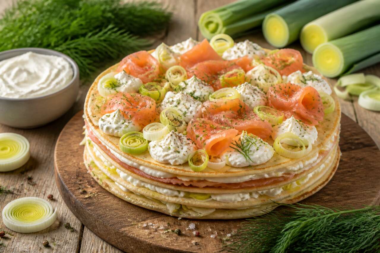Gâteau de pancakes salés : poireaux, saumon fumé et fromage frais
