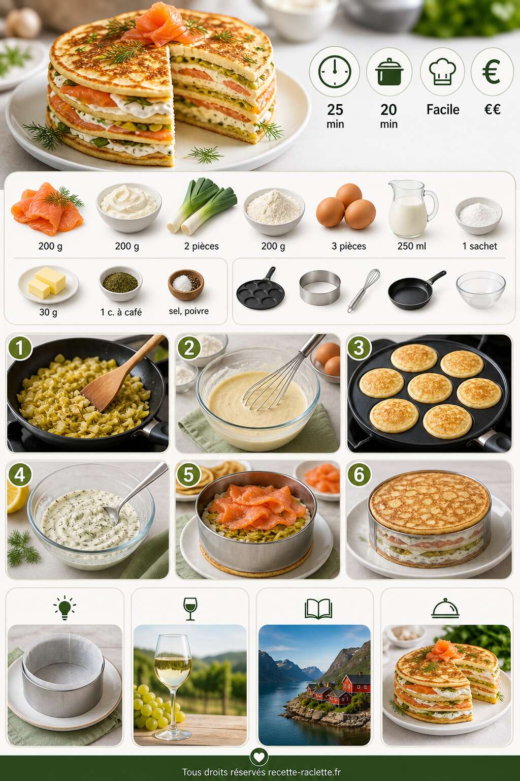 Fiche recette G&acirc;teau de pancakes sal&eacute;s : poireaux, saumon fum&eacute; et fromage frais