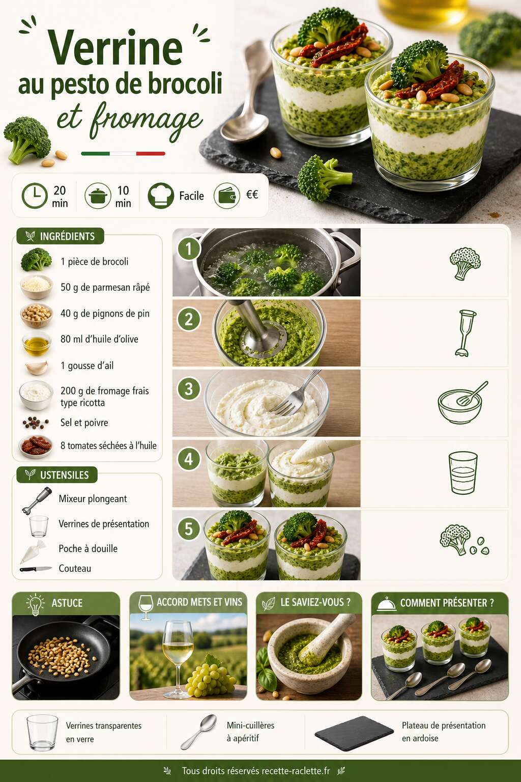 Fiche recette Verrine au pesto de brocoli et fromage : recette savoureuse Fiche recette Verrine au pesto de brocoli et fromage : recette savoureuse