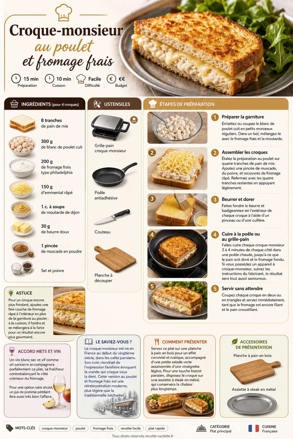 Fiche recette Croque-monsieur au poulet et fromage frais : recette savoureuse Fiche recette Croque-monsieur au poulet et fromage frais : recette savoureuse