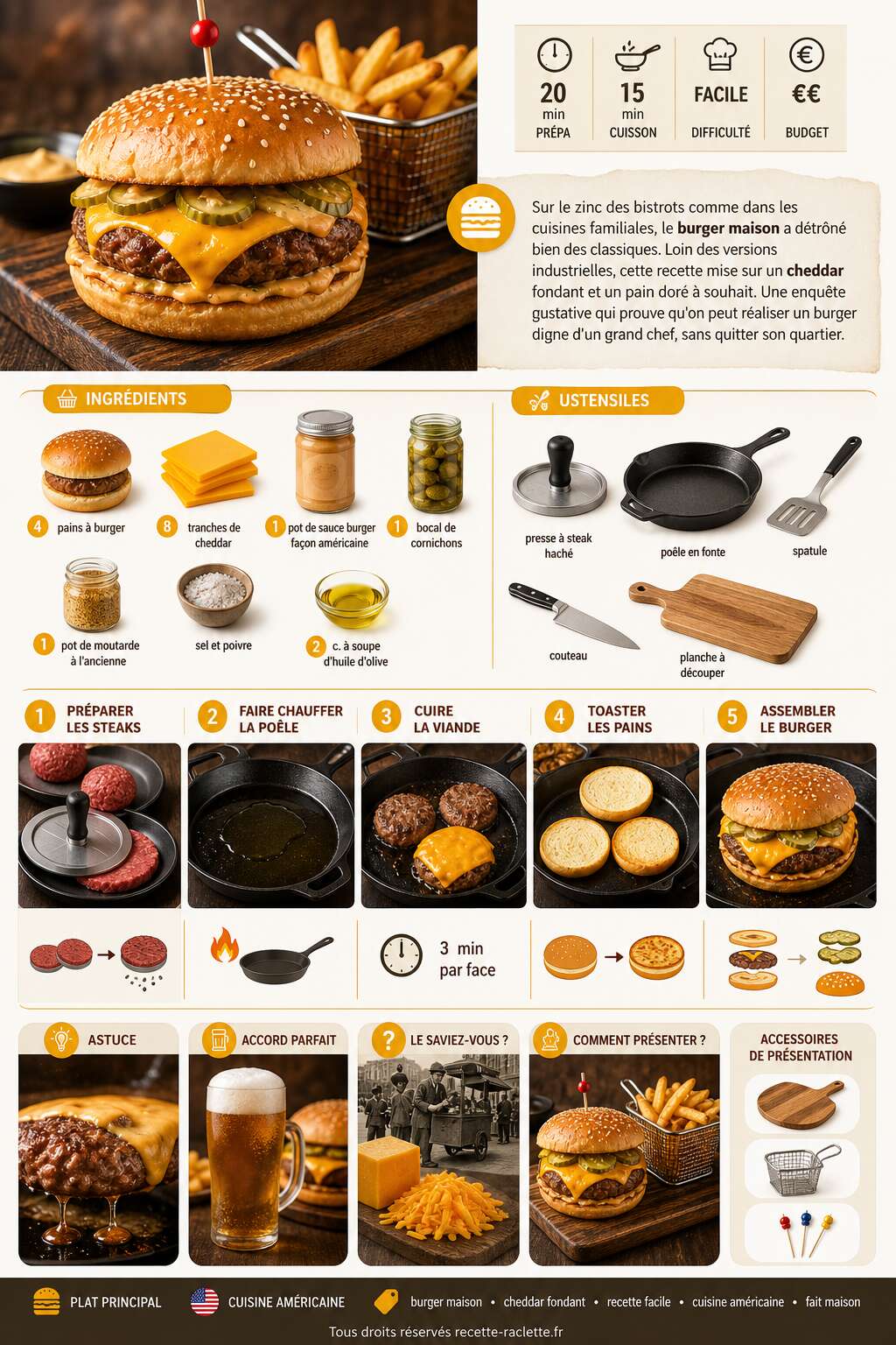 Fiche recette Recette facile : burger au cheddar maison Fiche recette Recette facile : burger au cheddar maison