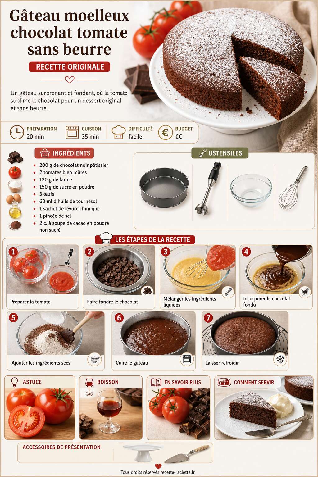 Fiche recette Gâteau moelleux chocolat tomate sans beurre : recette originale Fiche recette Gâteau moelleux chocolat tomate sans beurre : recette originale